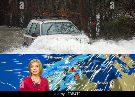 Ein zusammengesetztes Bild die Wettervorhersage Sturm Desmond und seine Auswirkungen, Gewässer hier ein Auto durch Hochwasser auf die Ambleside, Stockfoto