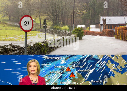 Ein zusammengesetztes Bild die Wettervorhersage Sturm Desmond und seine Auswirkungen hier tobenden Fluten unterwegs unter Loughrigg in Ambleside, Rothay Brücke im Lake District auf Samstag, 5. Dezember 2015, während sintflutartige Regenfälle vom Sturm Desmond. Stockfoto