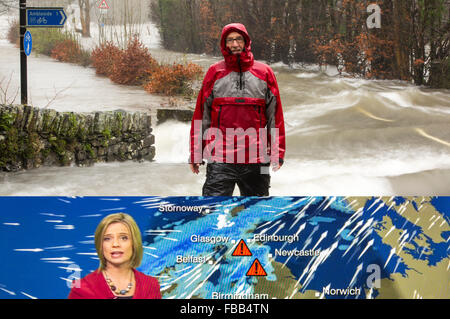 Ein zusammengesetztes Bild die Wettervorhersage Sturm Desmond und seine Auswirkungen, Gewässer hier ein Mann am Rande des tobenden Flut auf der Uhr Stockfoto