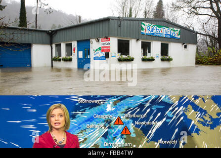 Ein zusammengesetztes Bild die Wettervorhersage Sturm Desmond und seine Auswirkungen, hier ein Kinder spielen Zentrum umgeben von Hochwasser Stockfoto