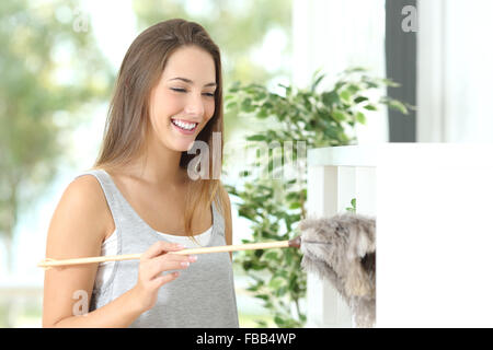 Glückliche Hausfrau Reinigung Möbel mit einem Staubtuch zu Hause Stockfoto