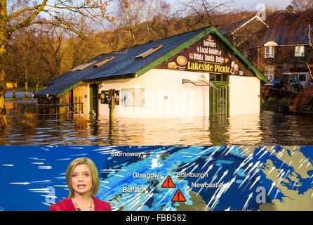 Ein zusammengesetztes Bild die Wettervorhersage Sturm Desmond und seine Auswirkungen, platzen hier umgeben von Hochwasser nach Lake Windermere See-Picknick seinen Ufern in Ambleside im Lake District auf Montag, 7. Dezember 2015, nach sintflutartigen Regen Sturm Desmond. Stockfoto