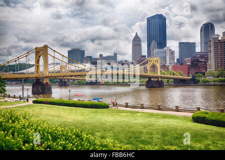 Ansicht der Andy-Warhol-Brücke über den Allegheny River von der North Shore Trail, Pittsburgh, Pennsylvania Stockfoto