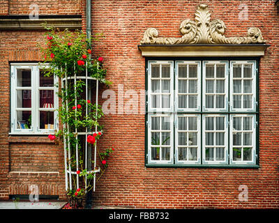 Nahaufnahme des traditionellen deutschen Windows in einem Backsteingebäude, alte Hamburg, Deutschland Stockfoto