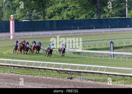Blick auf eine Gruppe von Jockeys auf Rennpferde, Monmouth Park Racetrack, Oceanport, New Jersey Stockfoto