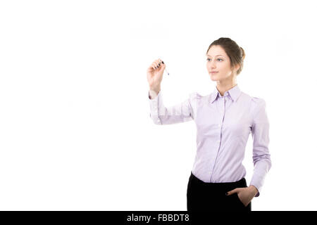 Schöne Mädchen schreiben auf leeren Bildschirm mit Stift, Student oder im Büro Frau in Abendgarderobe, Textfreiraum Stockfoto