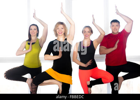 Gruppe von vier positive Menschen, die Yoga-Übungen in der Klasse, stehen in Asana, Baum stellen, Vrikshasana (Vriksasana) Stockfoto