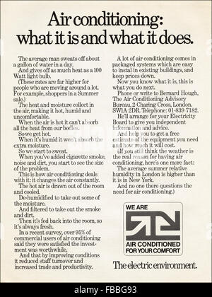 Original ganzseitige Vintage Anzeige aus der 1970er Jahre. Anzeige aus dem Jahr 1971 Werbung elektrische Klimaanlage. Stockfoto