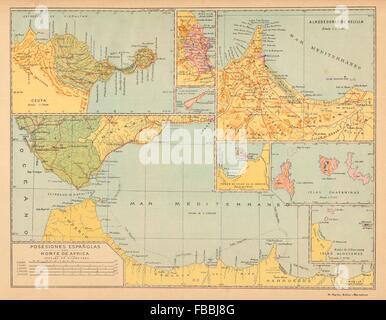 NORTE DE AFRIKA ESPANOL. CEUTA MELILLA Marruecos Chafarinas Alboran, c1911 Karte Stockfoto