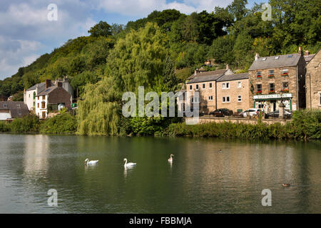 Großbritannien, England, Derbyshire, Cromford, Schwäne am Teich geschaffen, um die Wassermühle aus dem Dorf macht Stockfoto