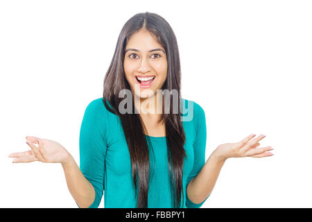 1 indische junge Frau Hand mit Überraschung Stockfoto