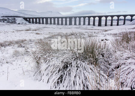 North Yorkshire, UK. 14. Januar 2016. Eine schneebedeckte Ribblehead-Viadukt auf Blea Moor, einem entlegenen Teil der Settle Carlisle Railway, wie in der aktuellen Fernsehserie Jericho zu sehen. Bildnachweis: Wayne HUTCHINSON/Alamy Live-Nachrichten Stockfoto