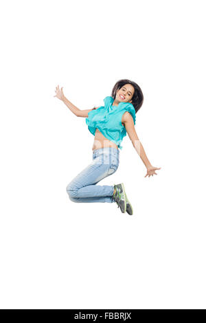 1 indische junge Frau Jumping Stockfoto