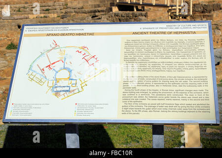 Schild mit den Grundriss und die historische Stätte Info für Besucher. Hephaistia (Ifestia) Amphitheater. Insel Limnos, Griechenland Stockfoto