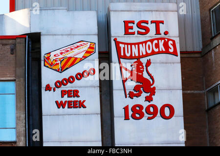 UDDINGSTON, UK. 14. Januar 2016. Die nationalistische Gruppe "Schottische Widerstand" eine Demonstration vor der Tunnocks Uddingston Fabrik in der Nähe von Glasgow nach zeigen ihren Unmut bei den berühmten Teekuchen hergestellt, jetzt als "British" und die Beseitigung von Lion Rampant aus dem Wrapper gebrandmarkt. "Schottische Widerstand" behaupten dies ist pro-Gewerkschafter und anti-schottischen verschieben, indem der Keks Unternehmen. Eine Anzahl von Menschen als Zähler Demonstration zur Unterstützung der Tunnocks aufgedreht und aßen Kuchen und Zwischenrufe. Bildnachweis: Findlay/Alamy Live-Nachrichten Stockfoto