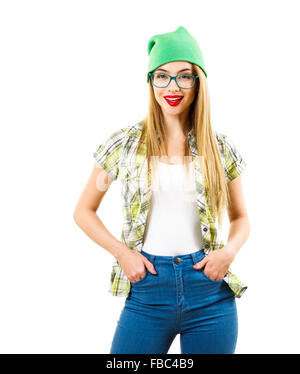 Street-Style Hipster Girl Isolated on White Stockfoto