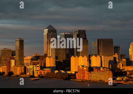 London, UK. 14. Januar 2016. UK-Wetter: Abend Abendlicht über London, Canary Wharf Geschäftshäuser Park und Fluss Themse Credit: Guy Corbishley/Alamy Live News Stockfoto