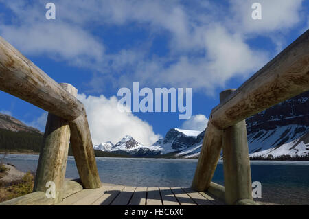 Holzsteg am Bow Lake, Icefields Parkway, Banff Nationalpark, Alberta, Kanada Stockfoto