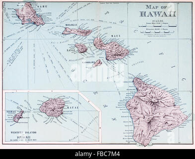 Eine Karte von Hawaii c. 1898. Die acht großen Inseln des hawaiianischen Archipels. Stockfoto