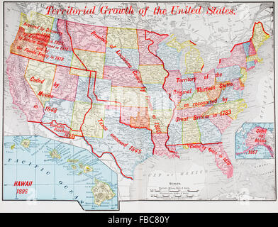 Eine Karte von 1898 zeigt das territoriale Wachstum der Vereinigten Staaten von Amerika. Stockfoto