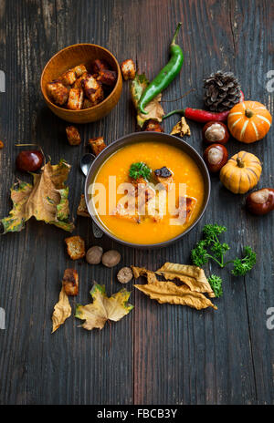 Leckere Herbst-Kürbissuppe mit Croutons und Petersilie und Herbst Dekoration Stockfoto