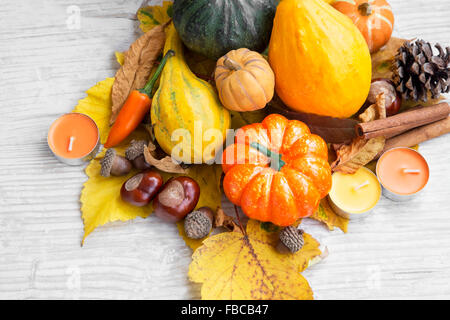 Herbstliche Dekorationen mit Kürbissen, getrocknete Blätter, Kastanien und Eicheln auf lackiertem Holz Stockfoto