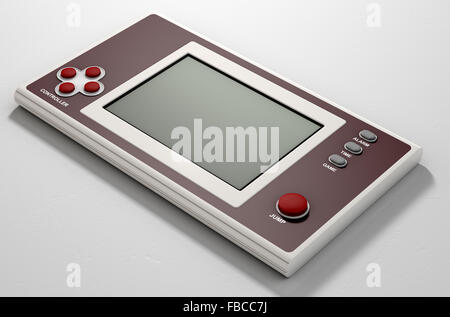 Ein Vintage handheld Spielkonsole mit einem leeren Bildschirm auf einem isolierten weißen Hintergrund Stockfoto