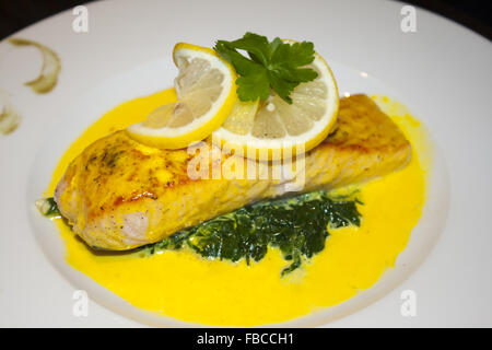 Teller mit Lachs und eine gelbe sauce Stockfoto