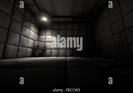 Eine dunkle schmutzig weißen Gummizelle in einer psychiatrischen Klinik mit einem leeren Stuhl in der Ecke von einem einzigen Scheinwerfer beleuchtet Stockfoto