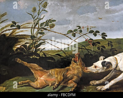 1620 GREYHOUND CATCHING A YOUNG Wildschwein 1620 Frans Snyders oder Snijders (1579 – 1657) war ein flämischer Maler von Tieren und Stillleben Belgien Belgien Stockfoto