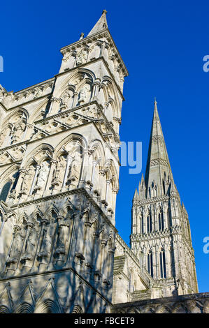 Detail der Steinbildhauerei auf der Westseite und die Turmspitze der Kathedrale von Salisbury, Wiltshire, England. Der Turm ist das höchste in Großbritannien. Stockfoto