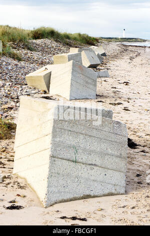 Ein Rown schützenden Felsen am Strand von Lossiemouth, Schottland Stockfoto