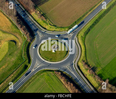 Luftaufnahme, Kreisverkehr mit vier Ausgängen, LKW, grüne Mitte, Skulptur Löwe in der Mitte, Übach-Palenberg, Rheinland, Europa, Stockfoto