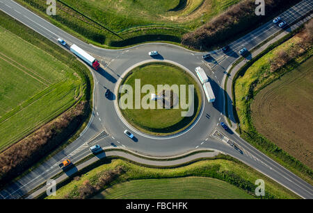 Luftaufnahme, Kreisverkehr mit vier Ausgängen, LKW, grüne Mitte, Skulptur Löwe in der Mitte, Übach-Palenberg, Rheinland, Europa, Stockfoto