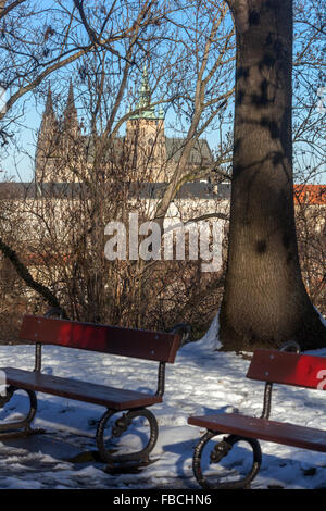 Wegen und Bänken am Petrin-Hügel mit Blick auf die Prager Burg durch die Bäume im Winter, Prag, Tschechische Republik, Europa Stockfoto