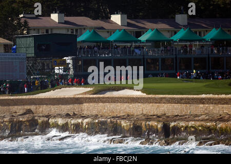 14. Februar 2010; Pebble Beach, Kalifornien, USA;  Wellen an Land vor dem 18. Loch während der Endrunde der Absturz der Stockfoto