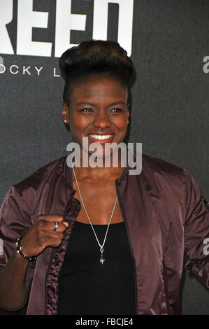 London, UK, 12. Januar 2016, Nicola Adams besucht Europäische Premiere Creed bei Empire Leicester Square.Creed ist Boxen Film mit Sylvester Stallone, Tessa Thompson Michael B Jordan. Stockfoto