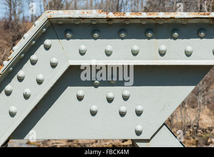 Gewinkelt Metall girder mit Nieten auf lackierten Stahl Oberfläche und etwas Rost, teilweise Casting Shadows von oben, gegen verwackelte Bäume. Stockfoto