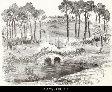 Schlacht von Antietam, Maryland - Burnside Abteilung trägt die Brücke über den Antietam Creek und Stürmen die Konföderierte Position nach einem verzweifelten Konflikt von vier Stunden, 17. September 1862. USA Bürgerkrieg Stockfoto