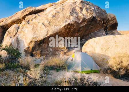 Camping auf dem Boy Scout Trail im Wunderland der Felsen, Joshua Tree Nationalpark, Kalifornien Stockfoto