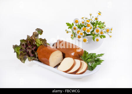 Käse-Geschirr Küche ungenießbaren Essen Lebensmittel, die Vorbereitung der Zutaten grün nahe Studio Kamille Blumen Stockfoto