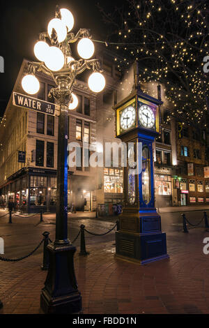 Nachtansicht von Gastown Dampfuhr, Vancouver, Britisch-Kolumbien, Kanada Stockfoto