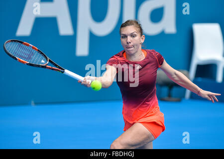 Sydney, Australien. 15. Januar 2016. Simona Halep (ROU) in Aktion gegen Svetlana Kuznetsova (RUS) während ihrer Damen Halbfinale am 6. Tag bei Apia International Sydney. Bildnachweis: Action Plus Sport Bilder/Alamy Live News Stockfoto