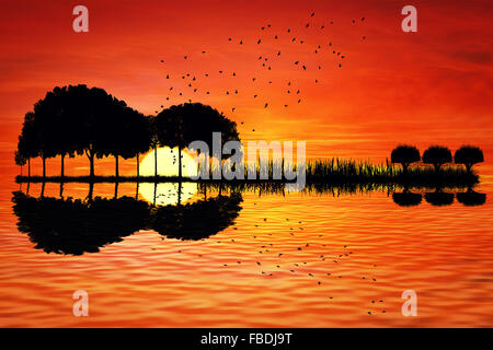 Bäume in Form einer Gitarre auf einem Sonnenuntergang Hintergrund angeordnet. Musik Insel mit einer Gitarre Spiegelung im Wasser Stockfoto