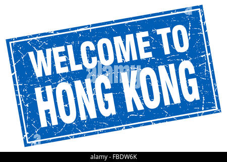 Hong Kong blauen quadratischen Grunge Stempel willkommen Stockfoto