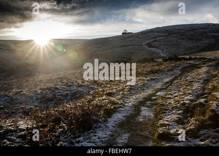 Die Sonne geht auf Top-Withins, renommierten Einstellung für Wuthering Heights, auf den Bronte Mauren in der Nähe von Haworth Stockfoto