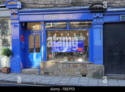 Hebden Bridge, Großbritannien. Januar 2016. Das Rug-Geschäft in der Hebden-Brücke wurde durch das Hochwasser beschädigt Stockfoto