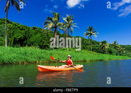 Kajakfahren auf der Hanalei River, Hanalei, Kauai, Hawaii Stockfoto