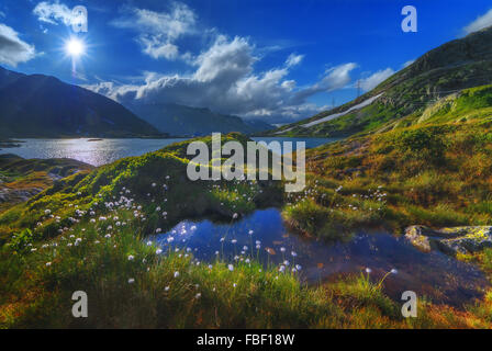 Herrliche Aussicht auf den kleinen See in der Nähe von Totensee See auf der Oberseite Grimselpass. Alpen, die Schweiz, Europa. Stockfoto