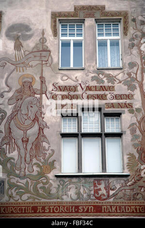 Der Storch Haus Wandbild von St. Wenceslas auf dem Pferderücken Stockfoto